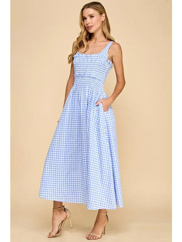Gingham Smocked Bodice Midi Dress