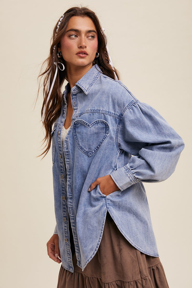 I Just Love Love Heart Pocket Denim Button Up