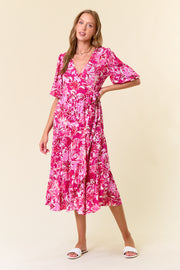 Floral Print Puff Sleeve Wrap Midi Dress w/Side Pocket