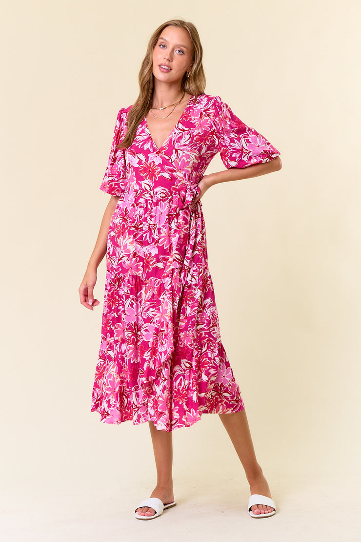 Floral Print Puff Sleeve Wrap Midi Dress w/Side Pocket
