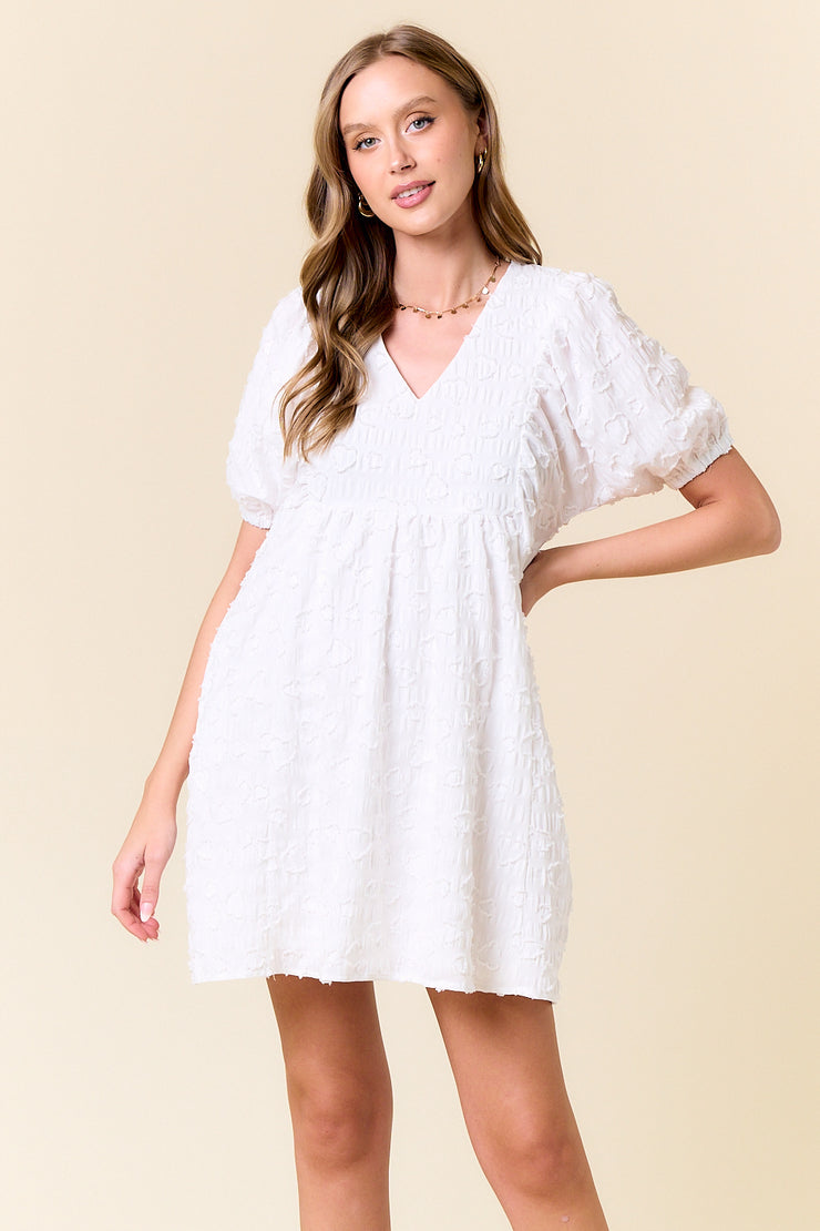 Jacquard V-Neck Puff Short Sleeve Mini Dress