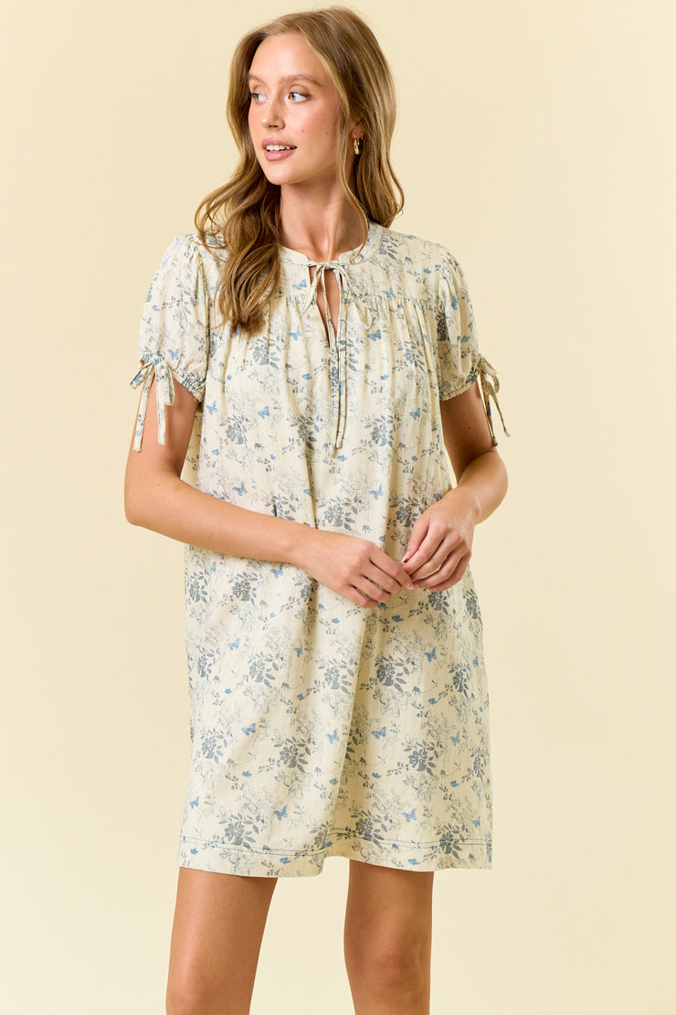 Floral Printed Split V-neck Puff Short Sleeve Dress