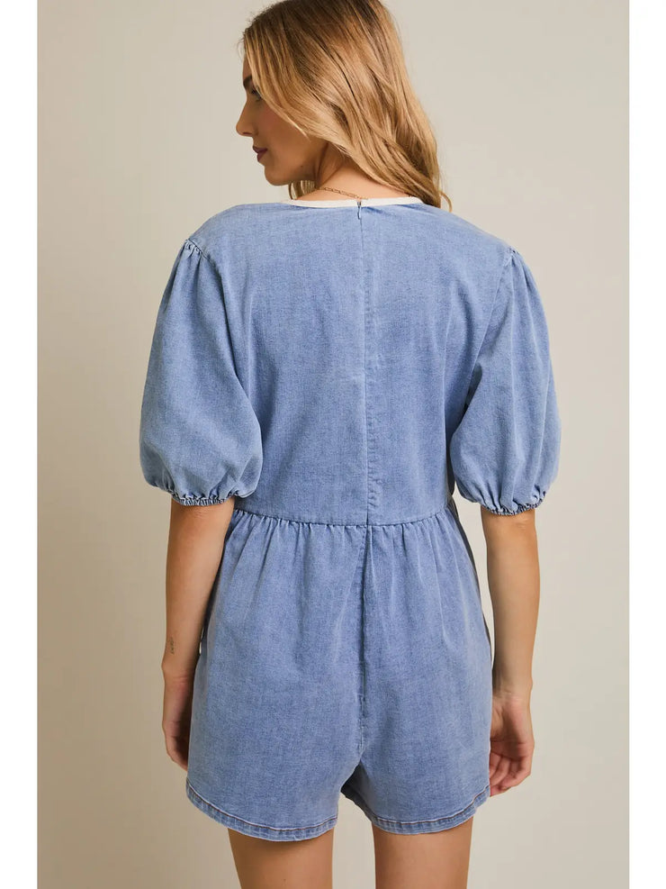 Just Rompin' Around Denim Romper