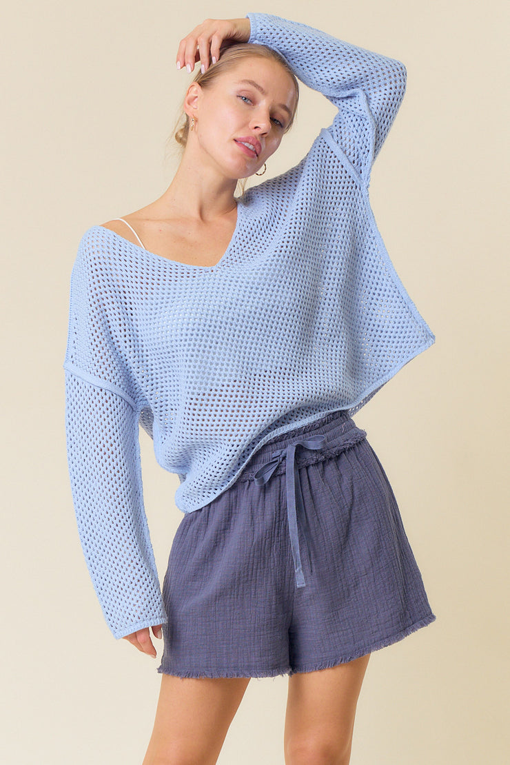 V-Neck Long Sleeve Fishnet Sweater Knit Top