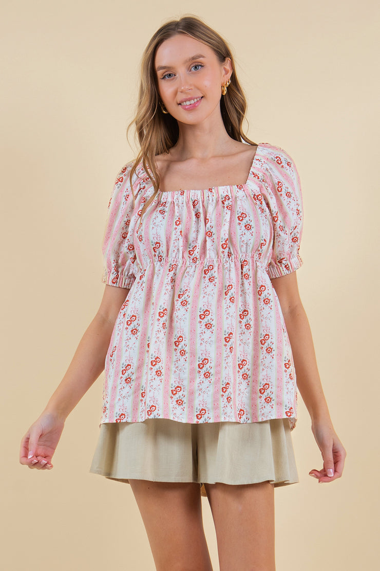 Vintage Floral Printed Square Neck Top