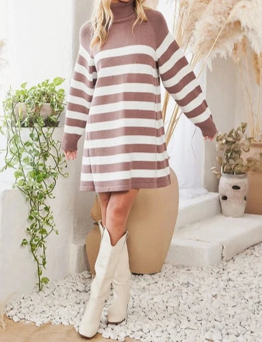 Always Understood Striped Knit Turtleneck Sweater Dress