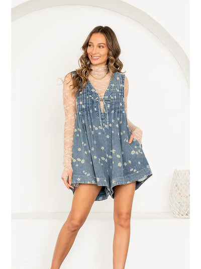Abigail Daisy Print Denim Romper