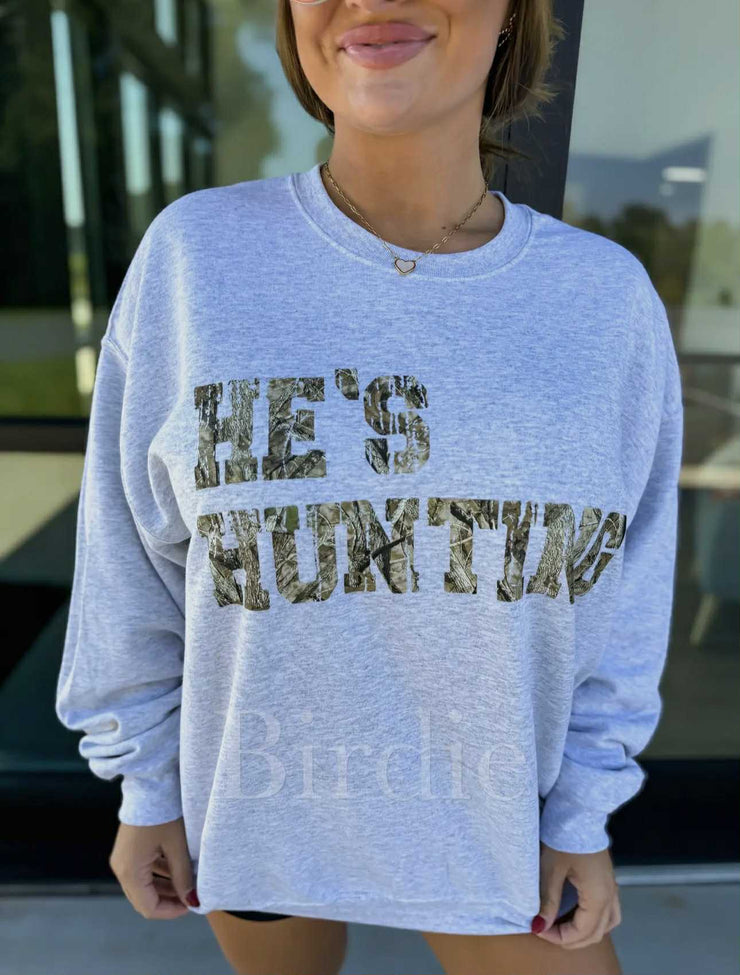 He's Hunting Graphic Crewneck On Ash Gray