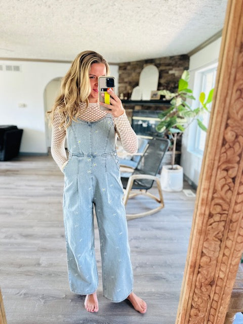 Daisy Embroidered Denim Overalls