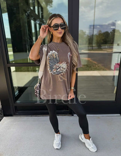 Rhinestone Turkey Graphic Tee On Espresso