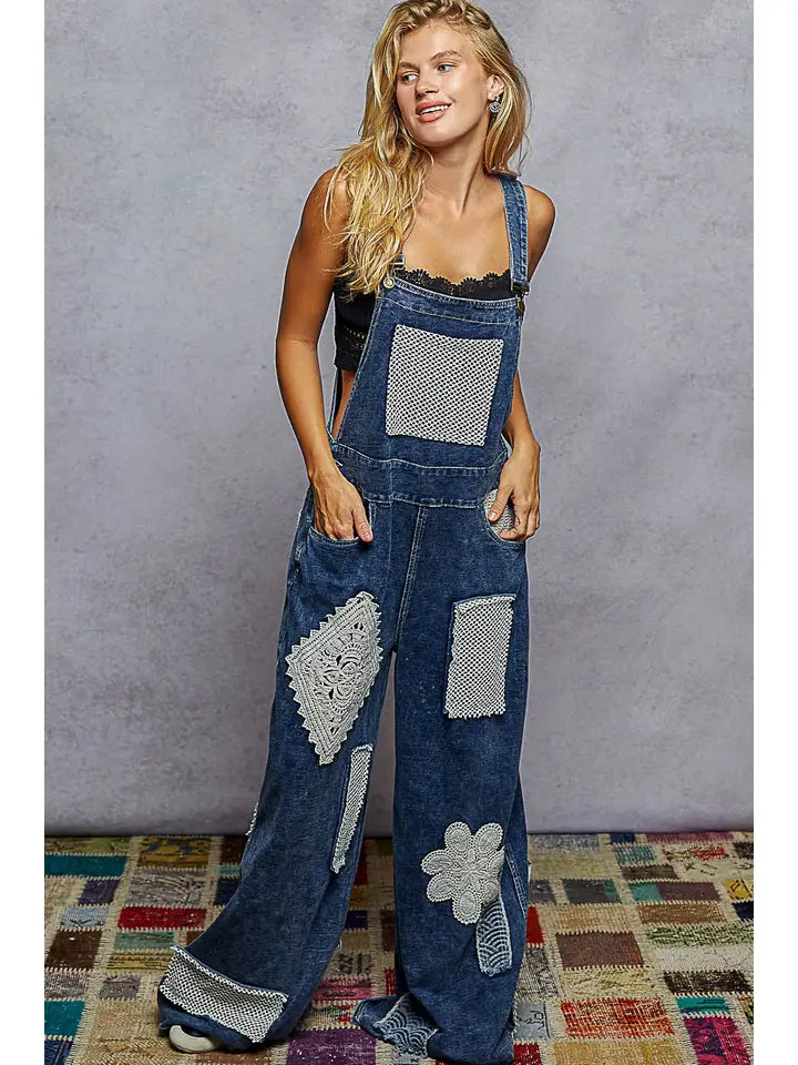 Forever Young Crochet Contrast Woven Overalls