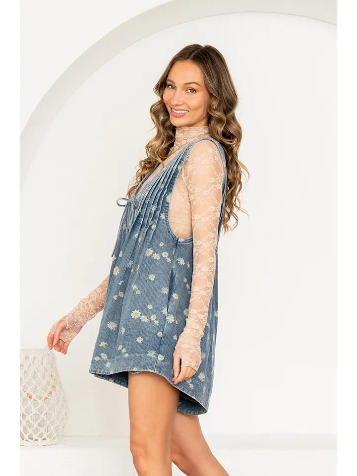 Abigail Daisy Print Denim Romper