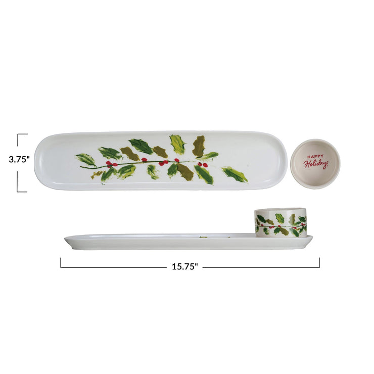 Stoneware Platter & Dish w/Holly, set